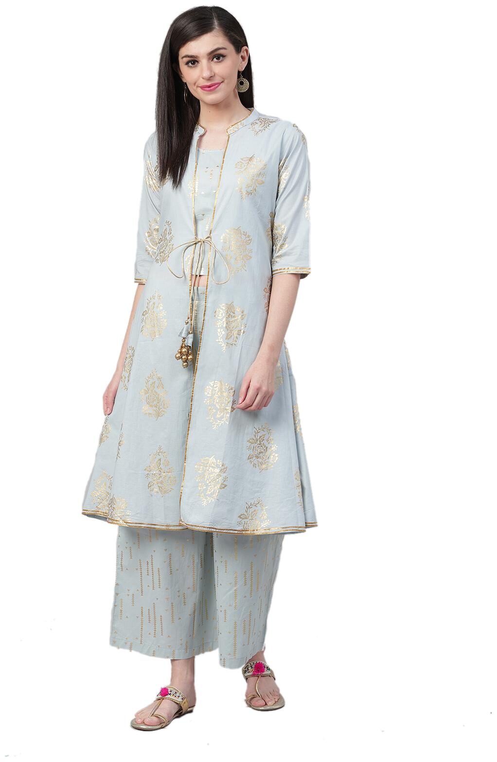 

Shree Cotton Printed Blue Color Crop Top with Jacket and Palazzo
