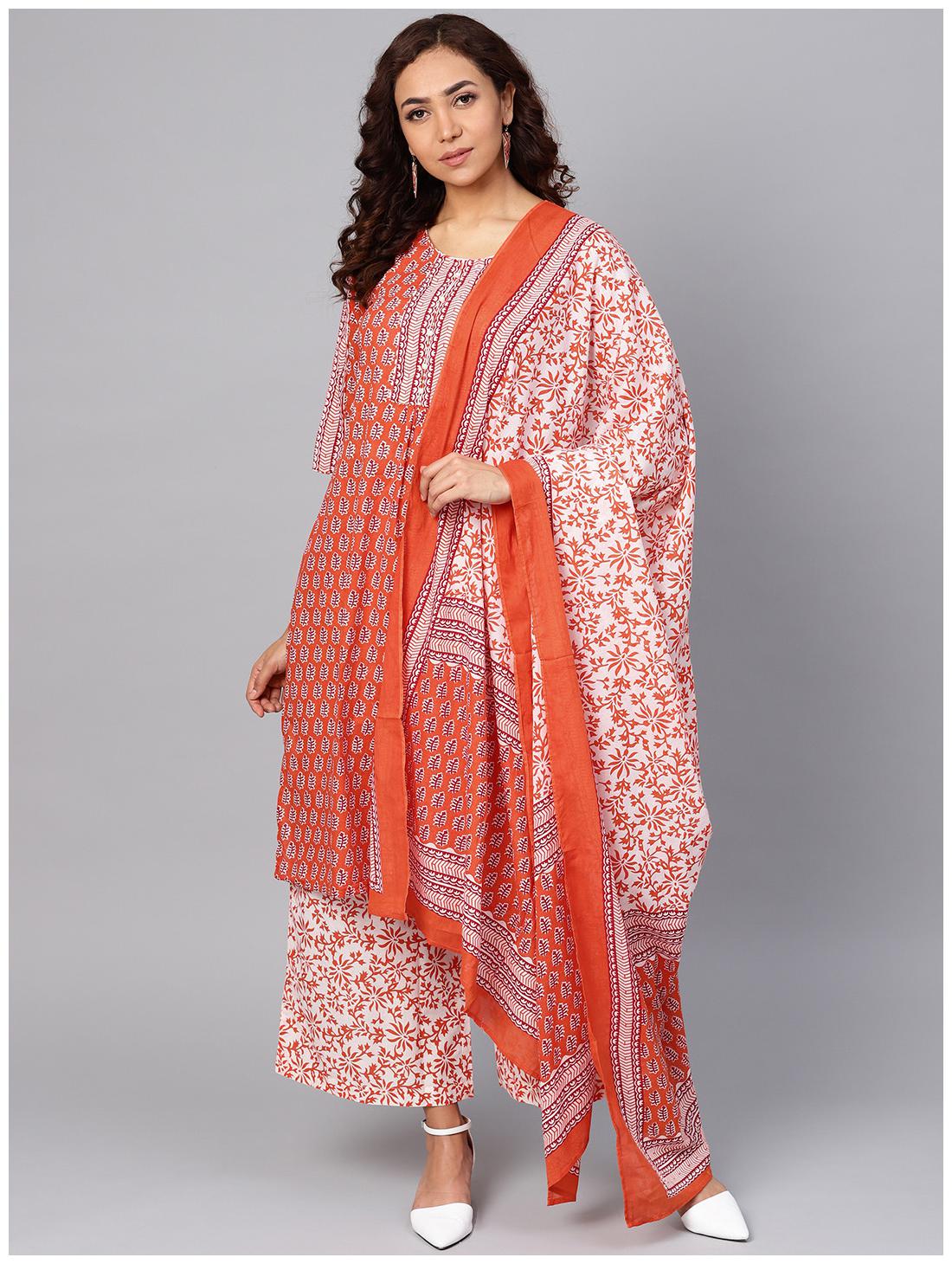 

Shree Cotton Floral Suit Set Orange