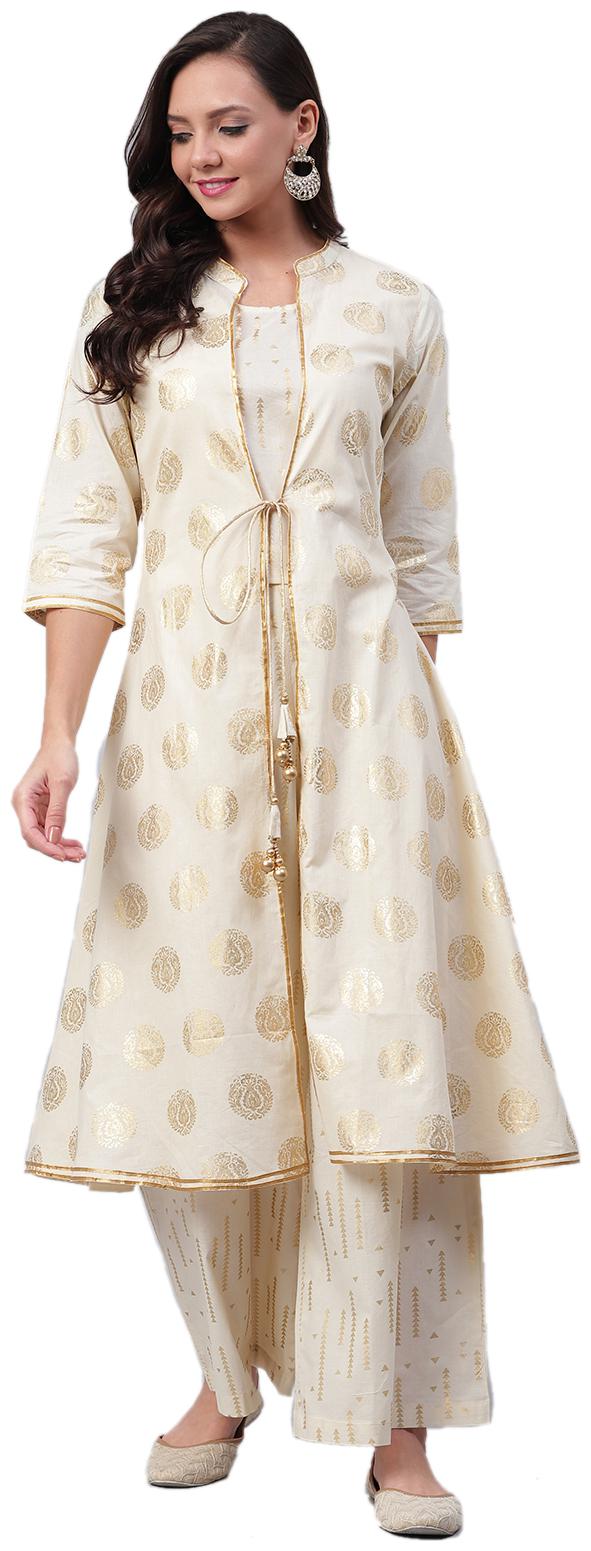 

Shree Cotton Printed White Color Crop Top with Jacket and Palazzo