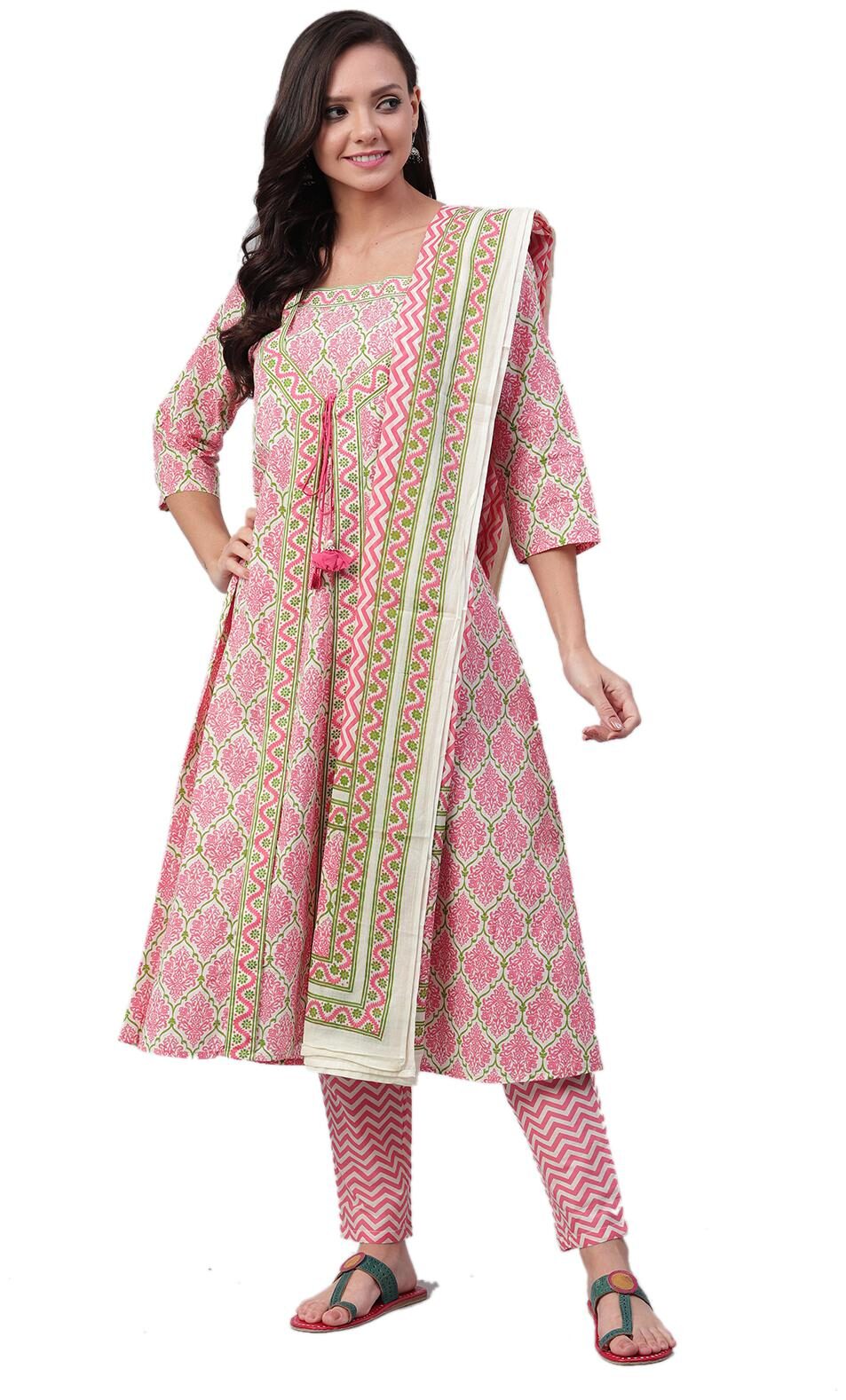 

Shree Women Pink Printed Flared Kurta With Pants And Dupatta