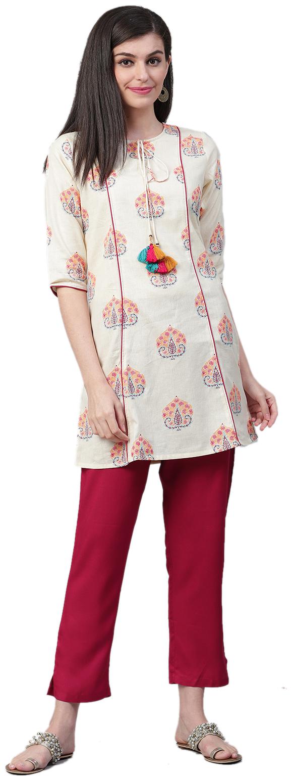 

Shree Cotton Printed Purple withWhite Color Short Kurta with Pant