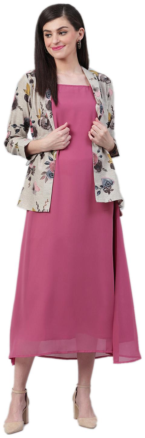 

Shree Cotton Floral Pink Grey Color Fusion Dresses with Jacket