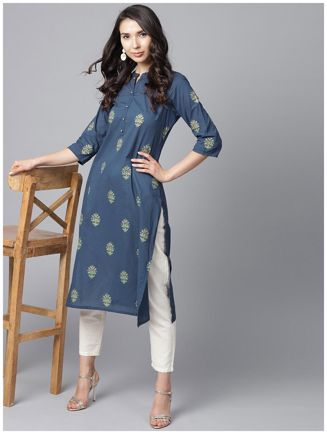 

Shree Cotton Colorblocked Women Kurta - Navy Blue