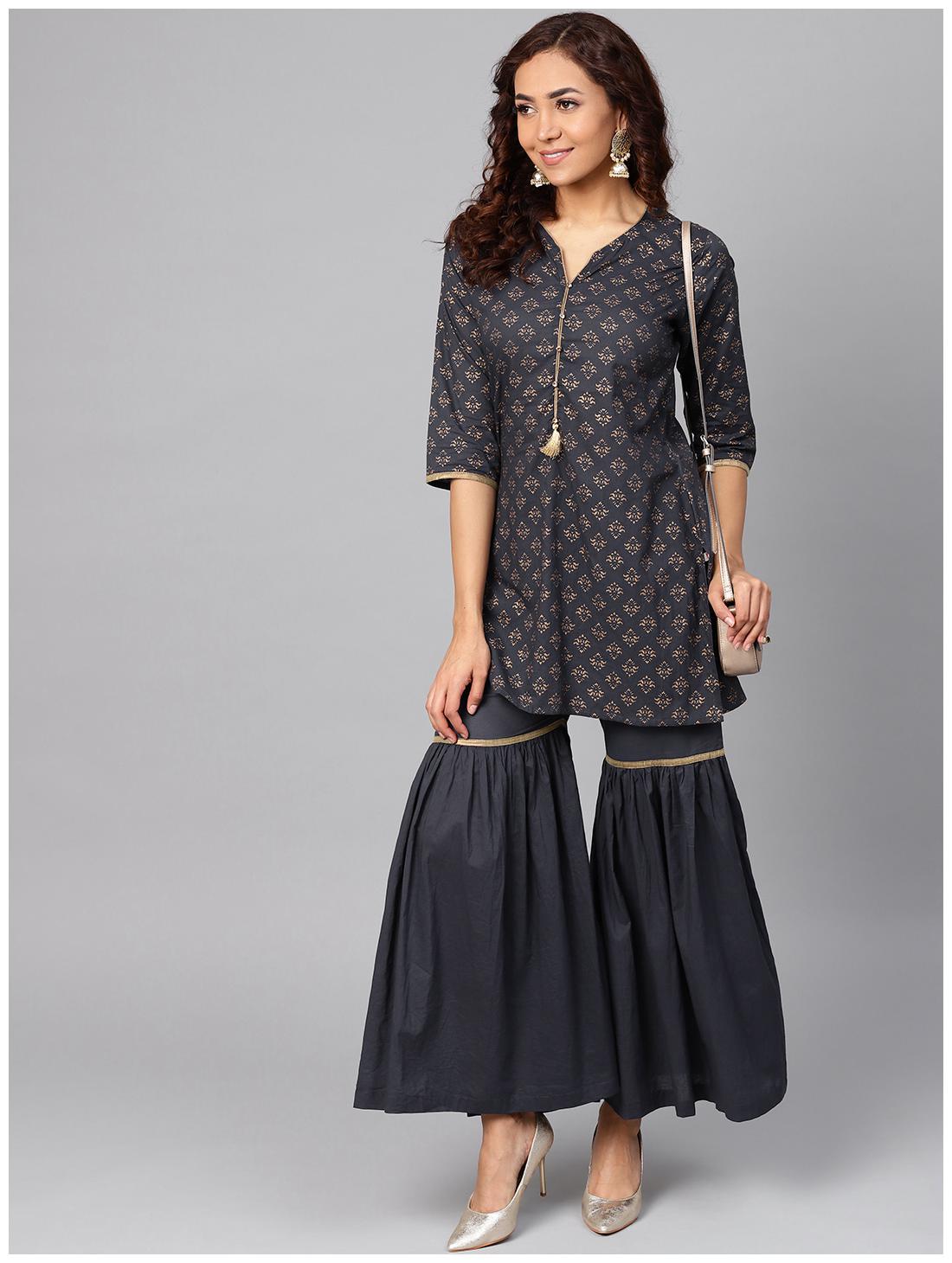 

Shree Women Blue Printed Straight Kurta With Sharara