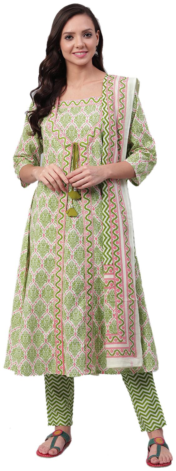 

Shree Women Green Printed Flared Kurta With Pants And Dupatta