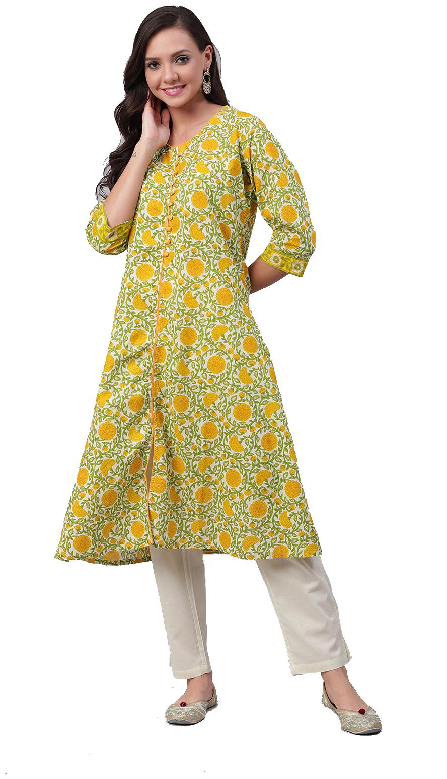 

Shree Cotton Floral Yellow withWhite Color Kurta with Pant