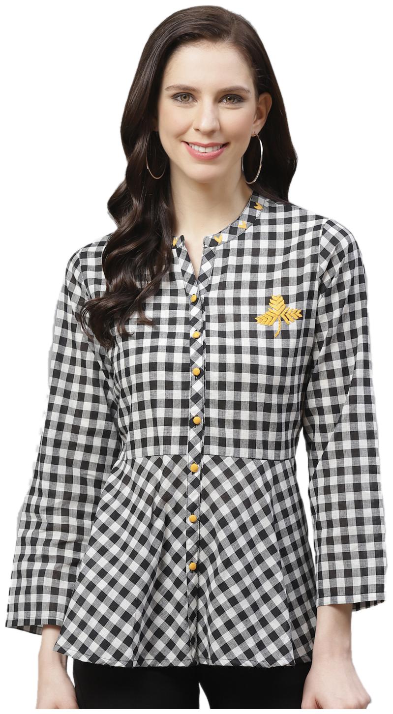 

Shree Cotton Checked Black White Color Peplum Top For Women
