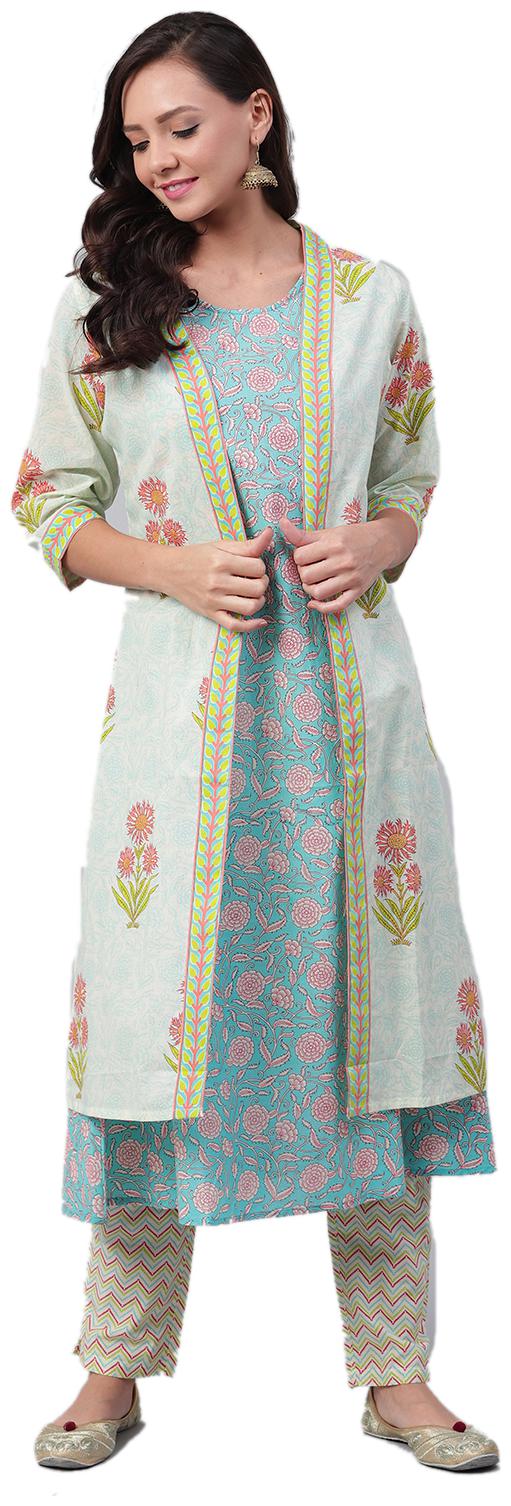 

Shree Cotton Floral Multi Color Kurta with Jacket and Pant