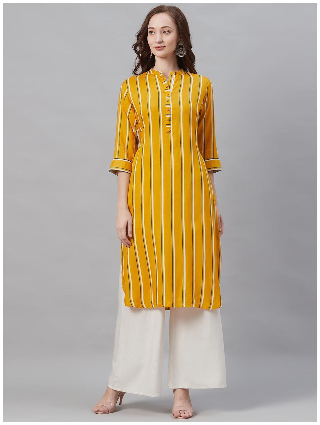 

Shree Women Mustard Striped Straight Kurta