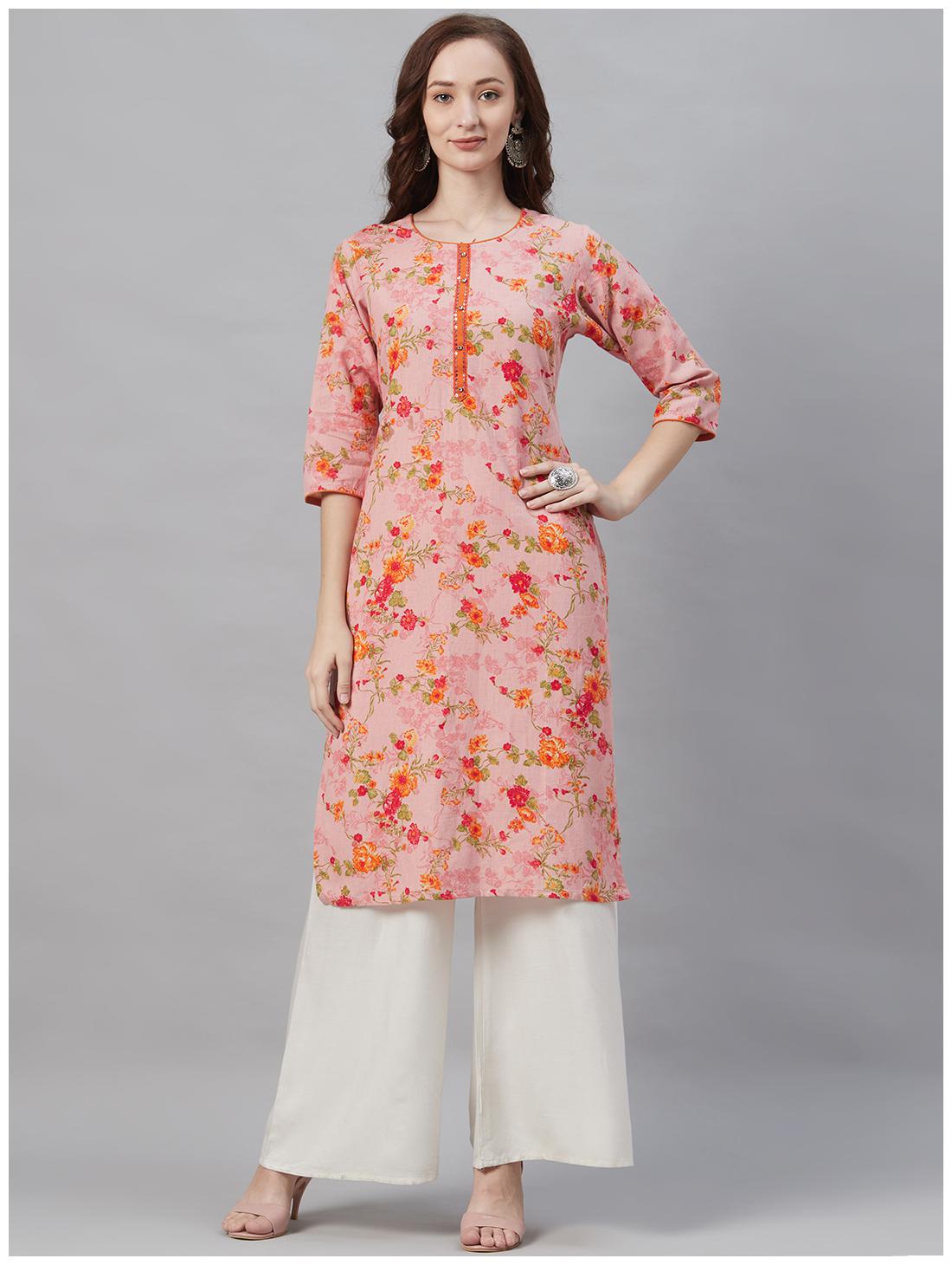 

Shree Women Pink Floral Straight Kurta