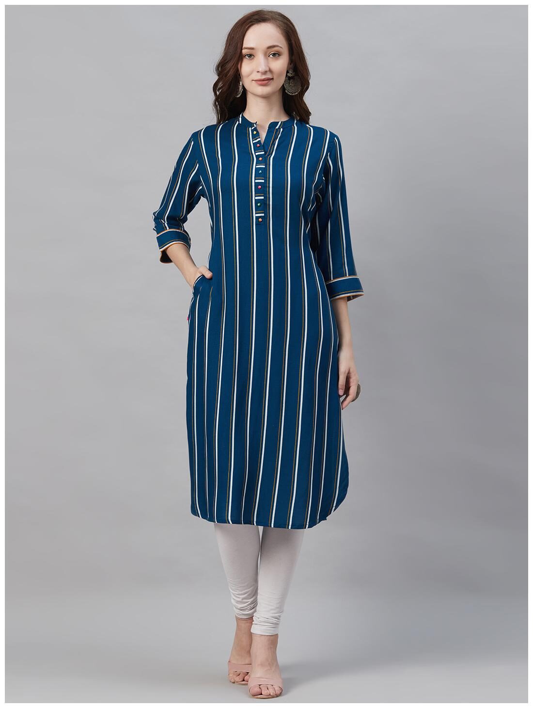 

Shree Women Blue Striped Straight Kurta
