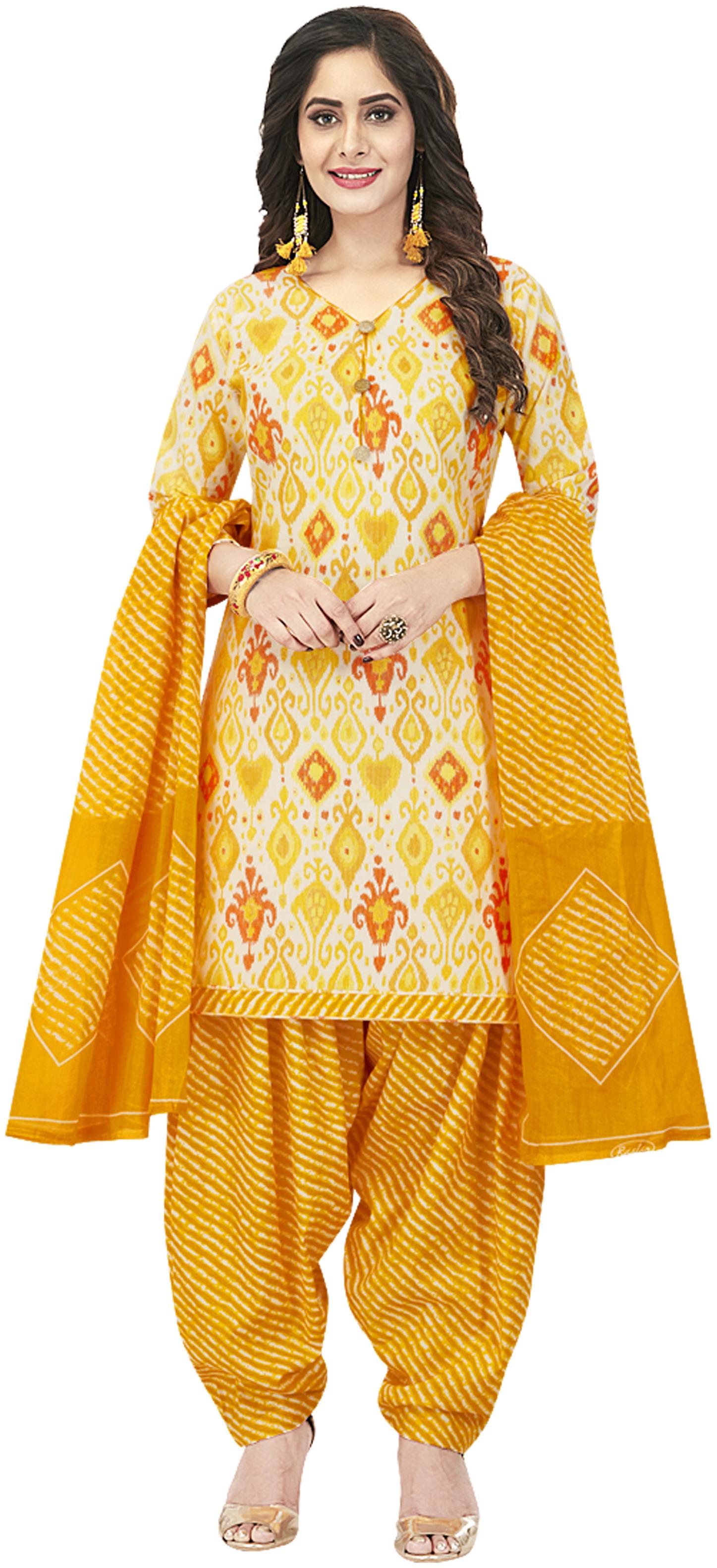 

Shree Jeen Mata Collection Yellow Unstitched Kurta with bottom dupatta With dupatta Dress Material