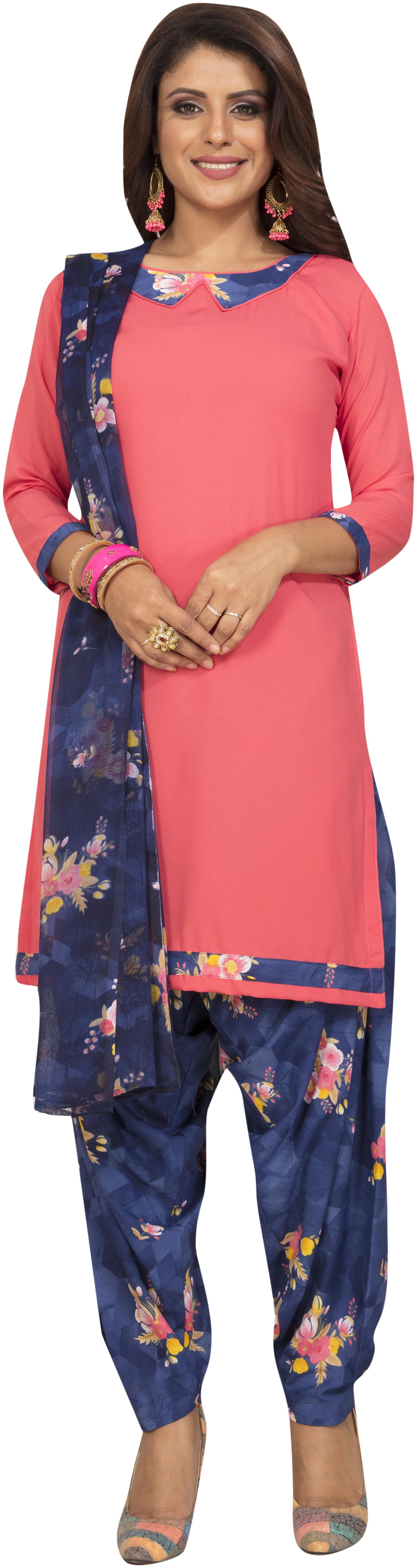

Shree Jeen Mata Collection Blue Pink Unstitched Kurta with bottom dupatta With dupatta Dress Material