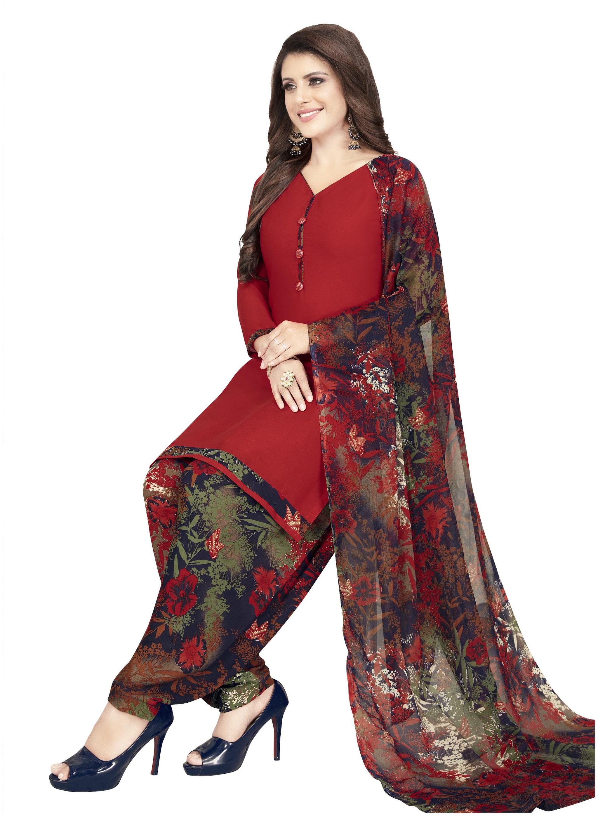 

Shree Jeen Mata Collection Red Unstitched Kurta with bottom dupatta With dupatta Dress Material