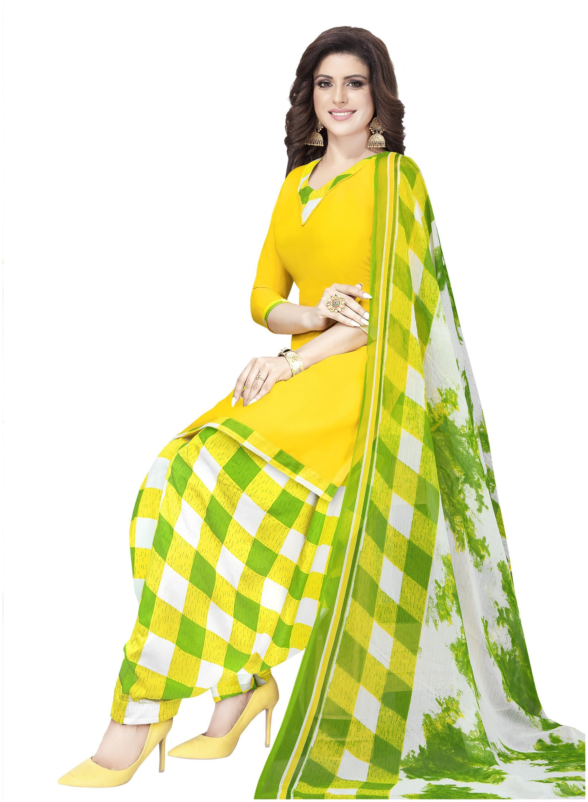

Shree Jeen Mata Collection Green Yellow Unstitched Kurta with bottom dupatta With dupatta Dress Material