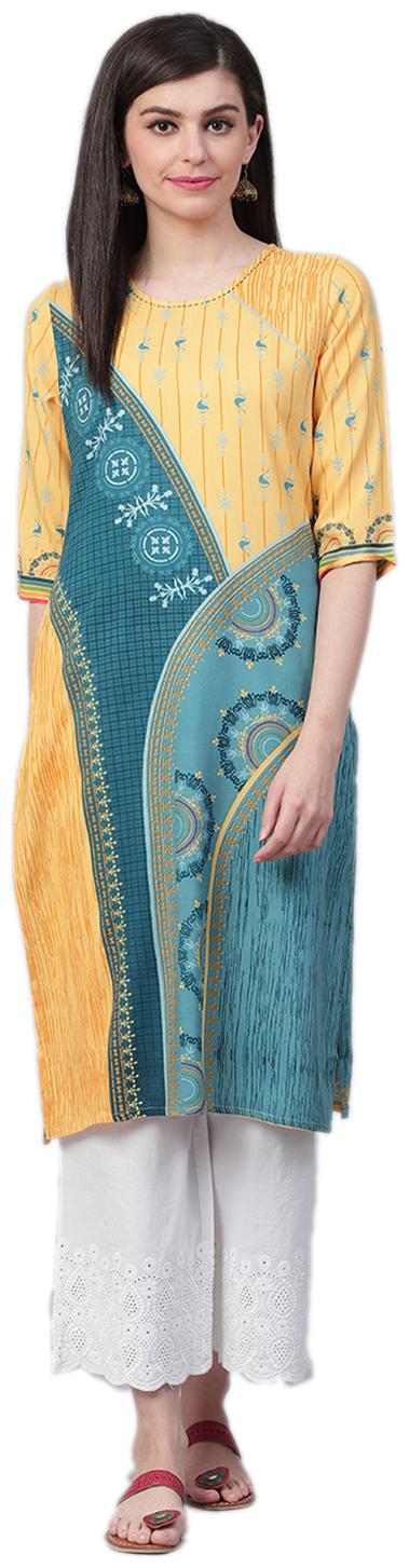 

Shree Women Yellow Blue Abstract Straight Kurta