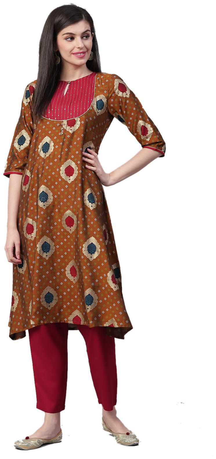 

Shree Liva Bandhani Yellow withMaroon Color Kurta withTrouser