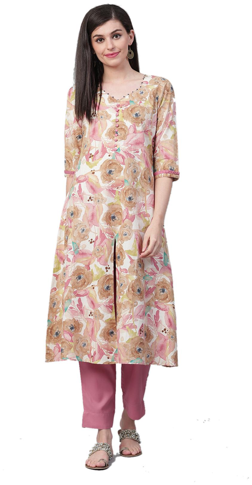 

Shree Liva Floral Pink withBeige Color Kurta with Pant