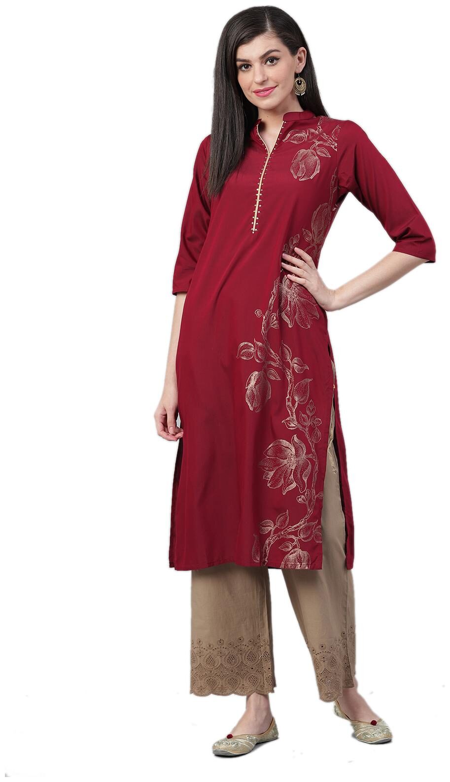 

Shree Women Maroon Floral Straight Kurta