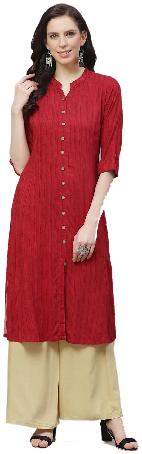 

Shree Women Red Striped Regular Kurta