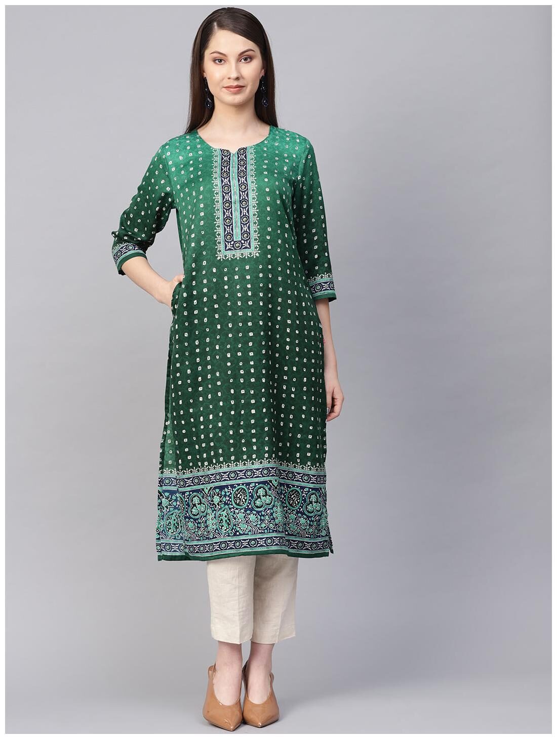 

Shree Women Green Bandhani Straight Kurta