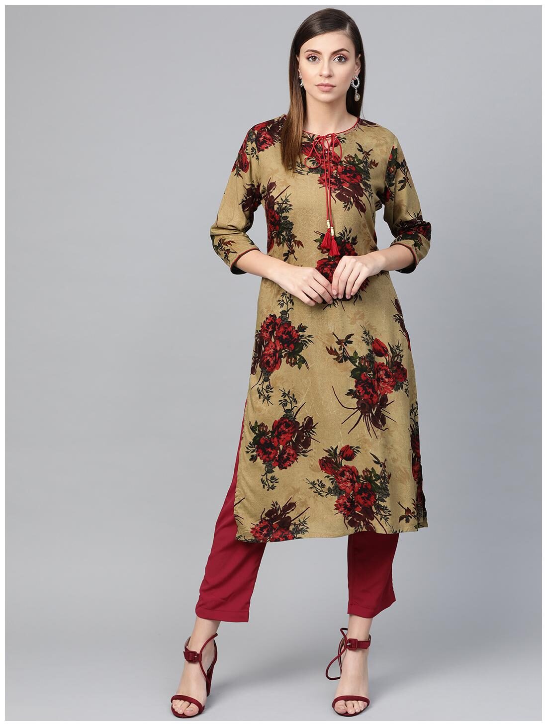 

Shree Women Maroon Floral Straight Kurta