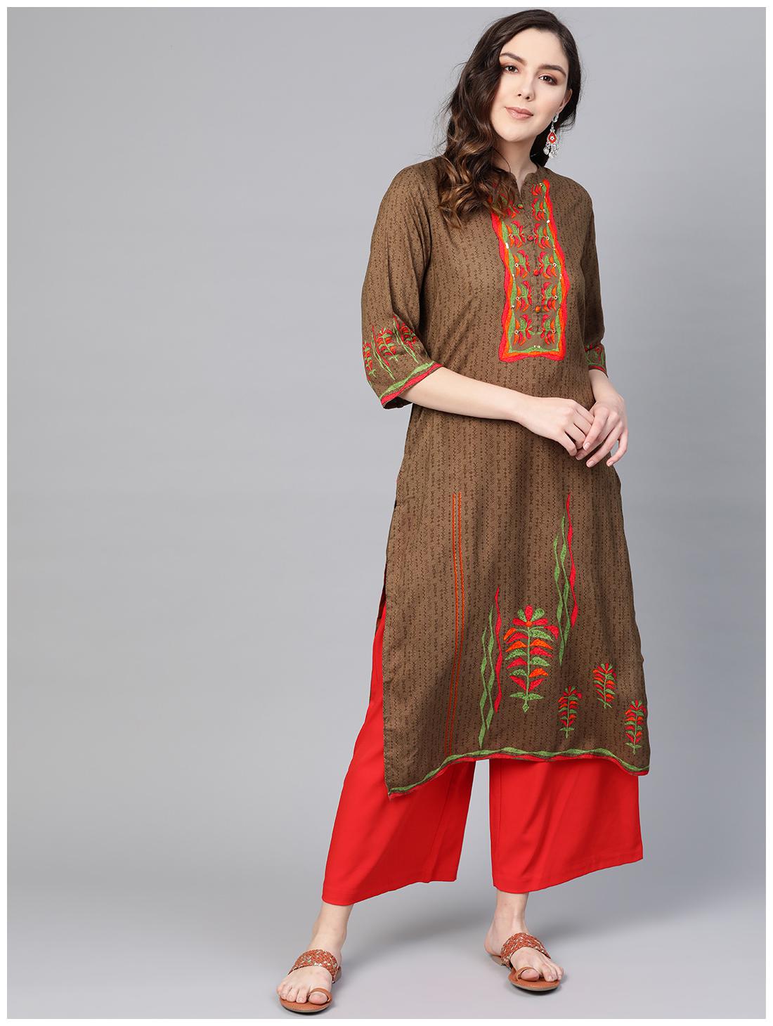 

Shree Women Brown Floral Straight Kurta