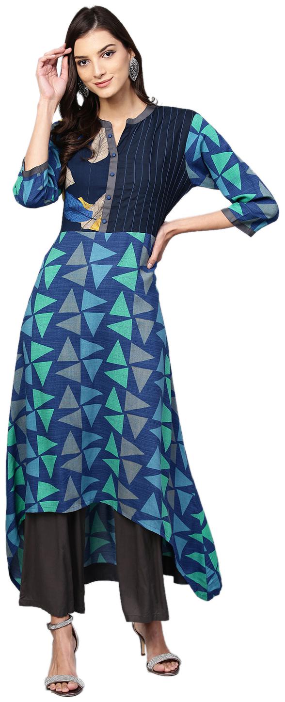 

Shree Women Blue Printed Assymetrical Kurta