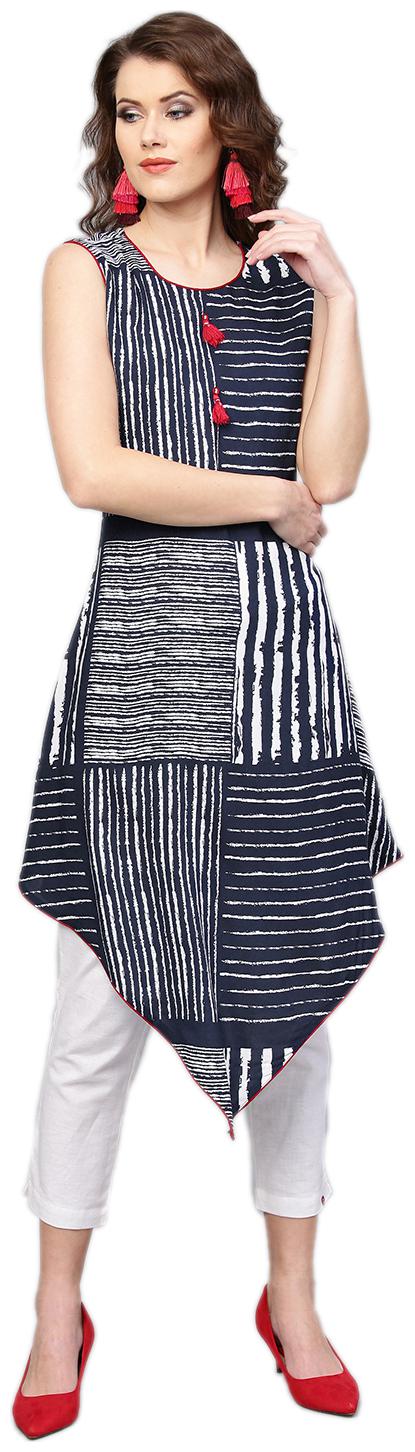 

Shree Women Navy Blue Striped Assymetrical Kurta