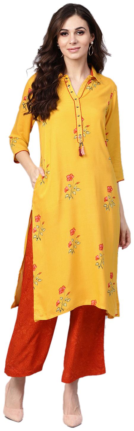 

Shree Women Yellow Floral Straight Kurta With Palazzo