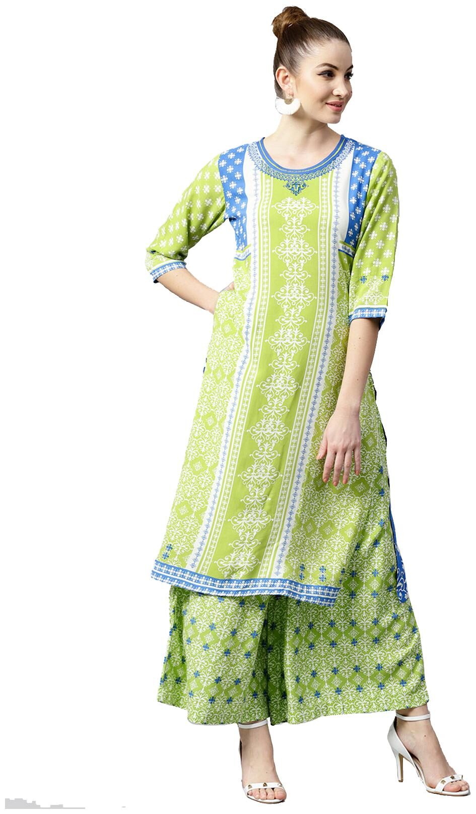

Shree Women Green Printed Straight Kurta With Palazzo