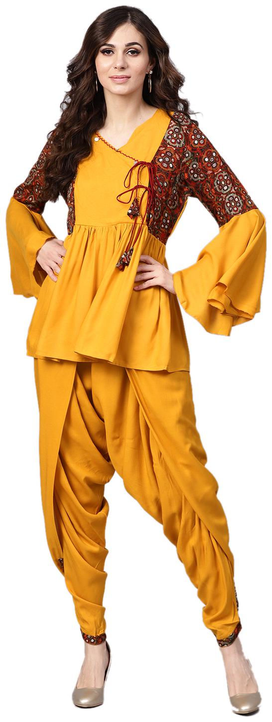 

Shree Women Mustard Solid Angrakha Kurti With Dhoti Pants