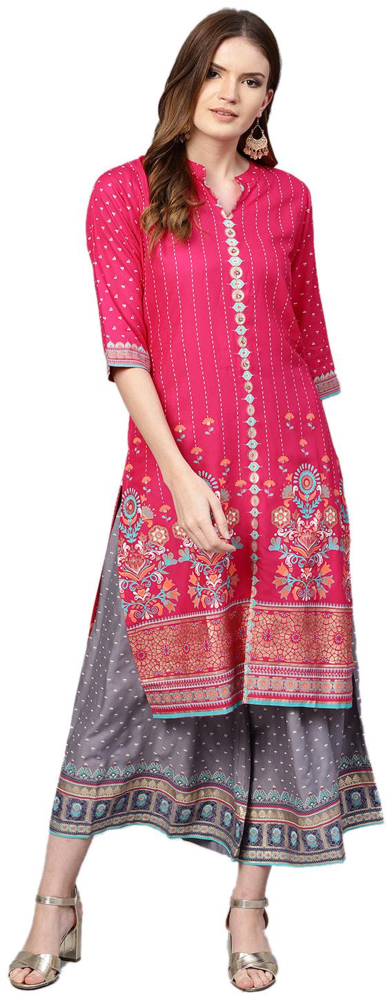 

Shree Women Pink Grey Floral Straight Kurta With Palazzo