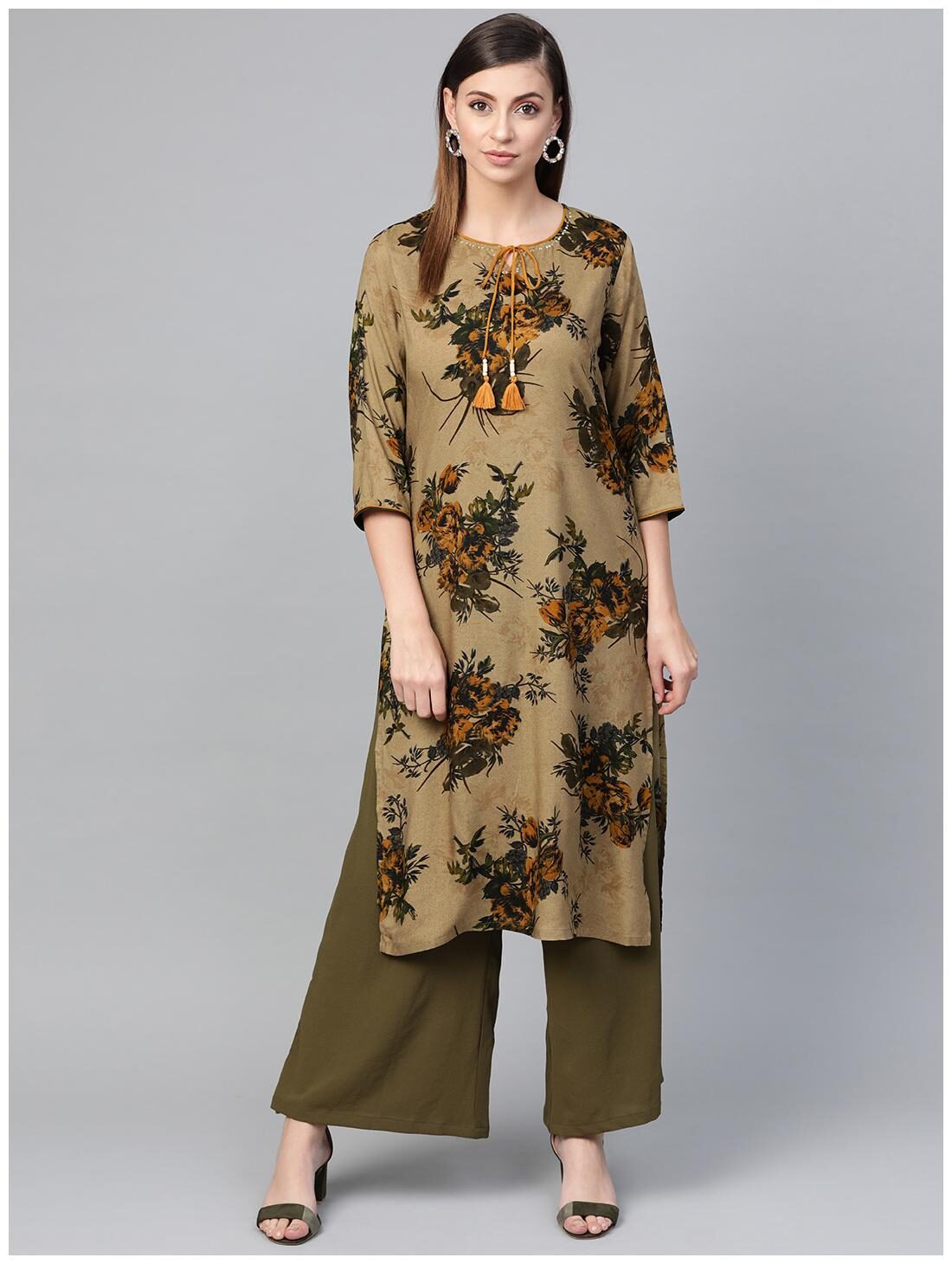 

Shree Women Beige Floral Straight Kurta
