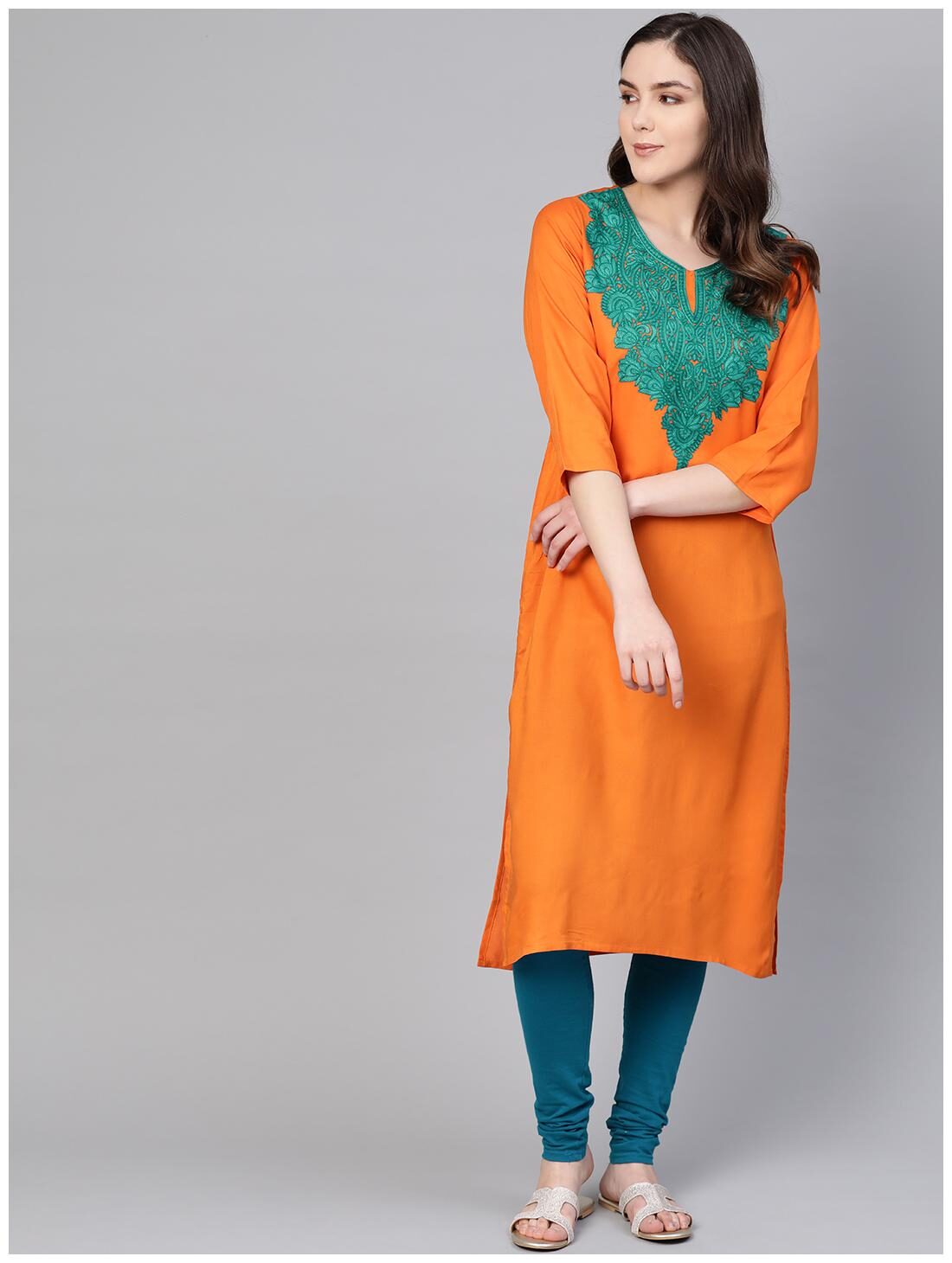 

Shree Women Orange Embroidered Straight Kurta