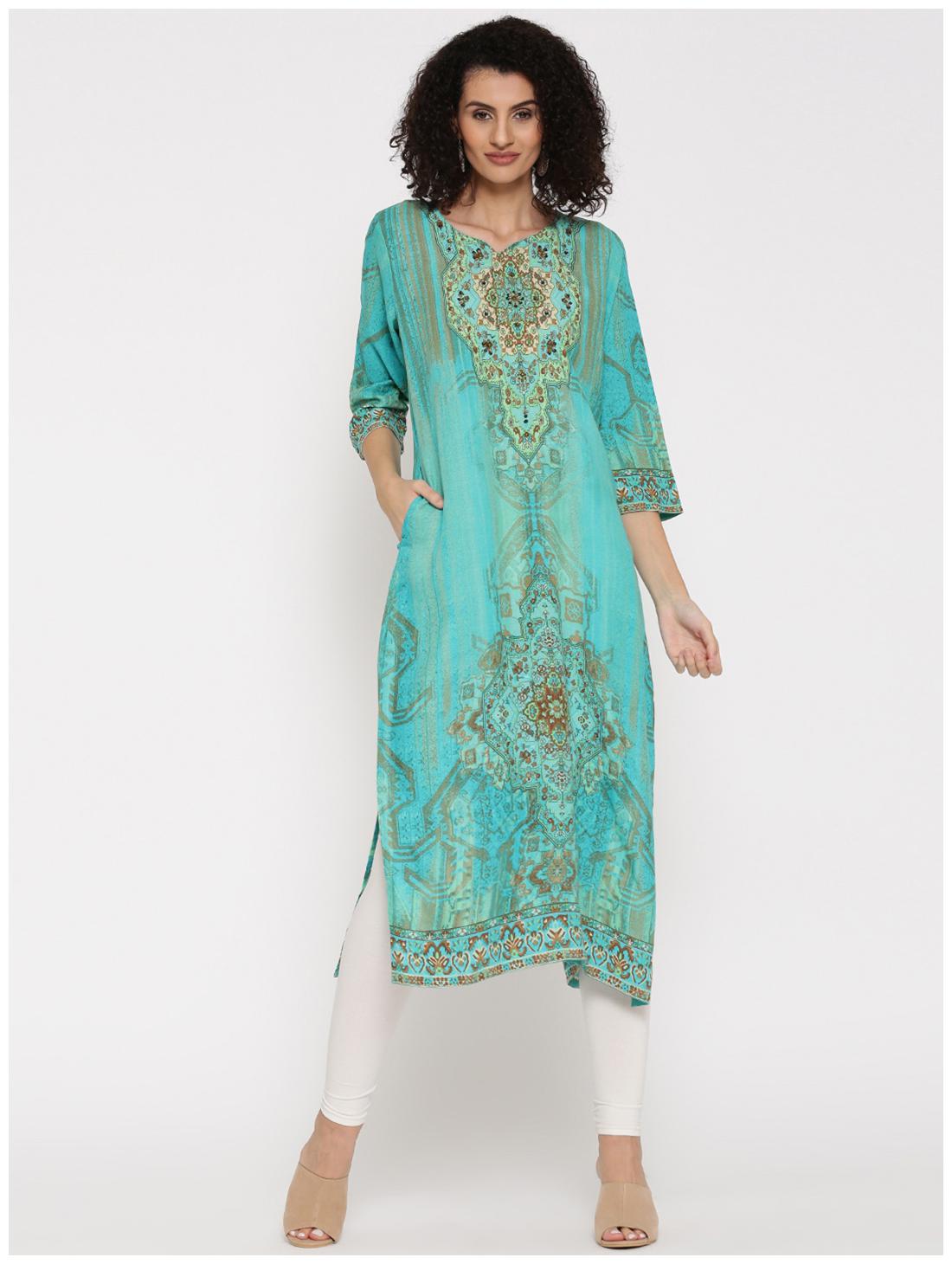 

Shree Women Turquoise Printed Regular Kurta