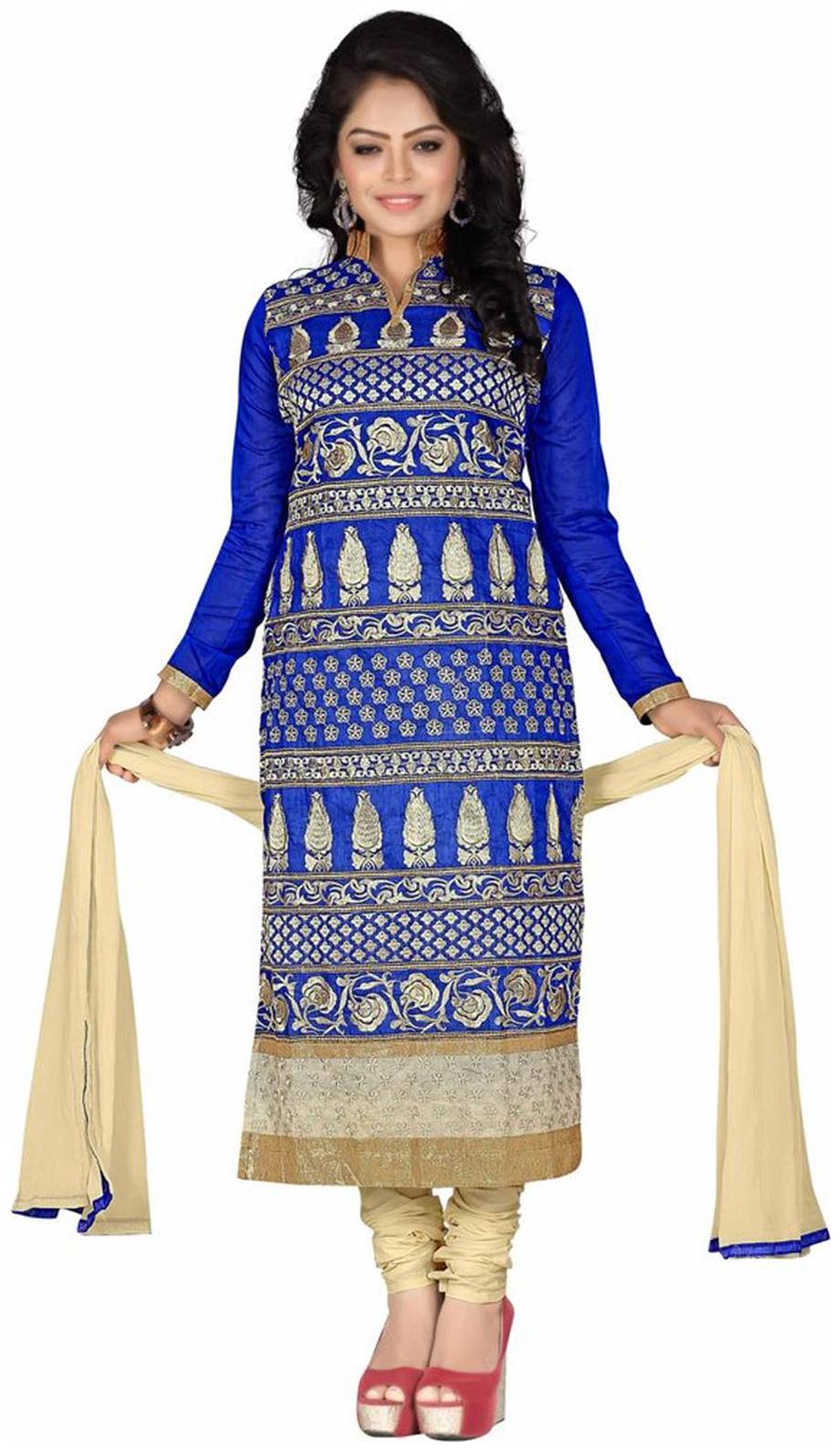 

Shree Vardhman Blue Women s Chanderi unstitched Straight Salwar Suit dress material