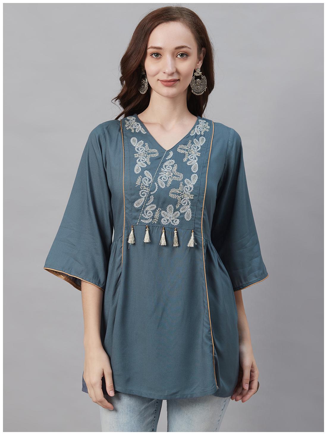 

Shree Viscose Rayon Embroidered Grey Color Tunic For Women