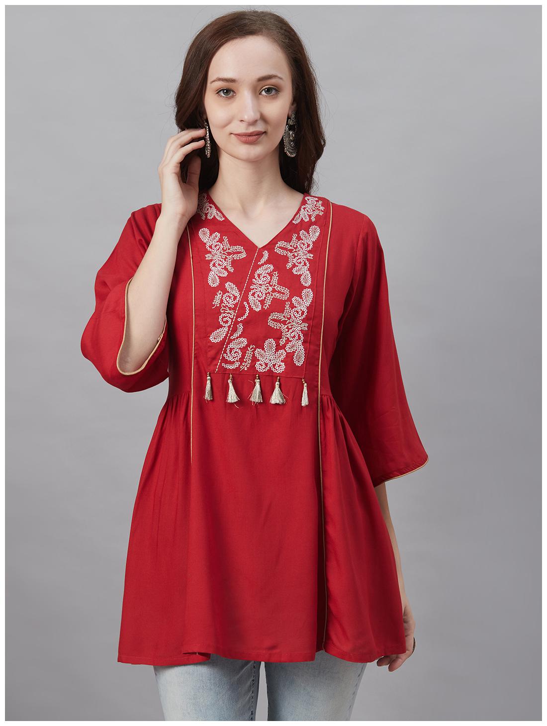 

Shree Viscose Rayon Embroidered Red Color Tunic For Women
