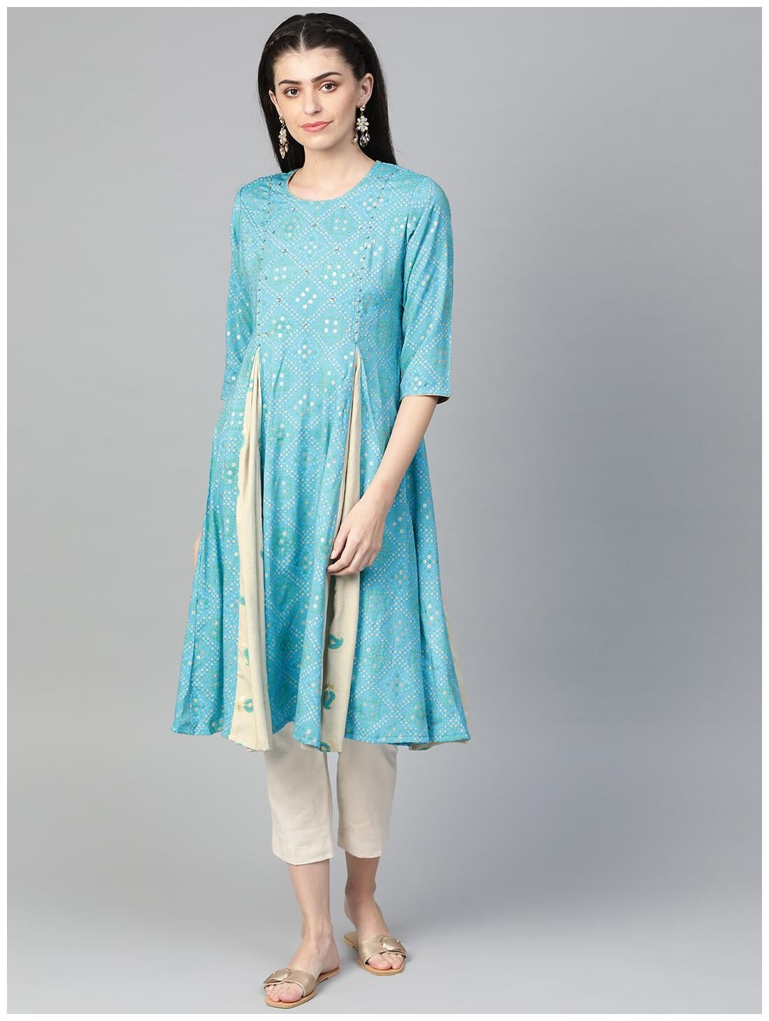 

Shree Women Blue Beige Rayon Bandhani Kurta