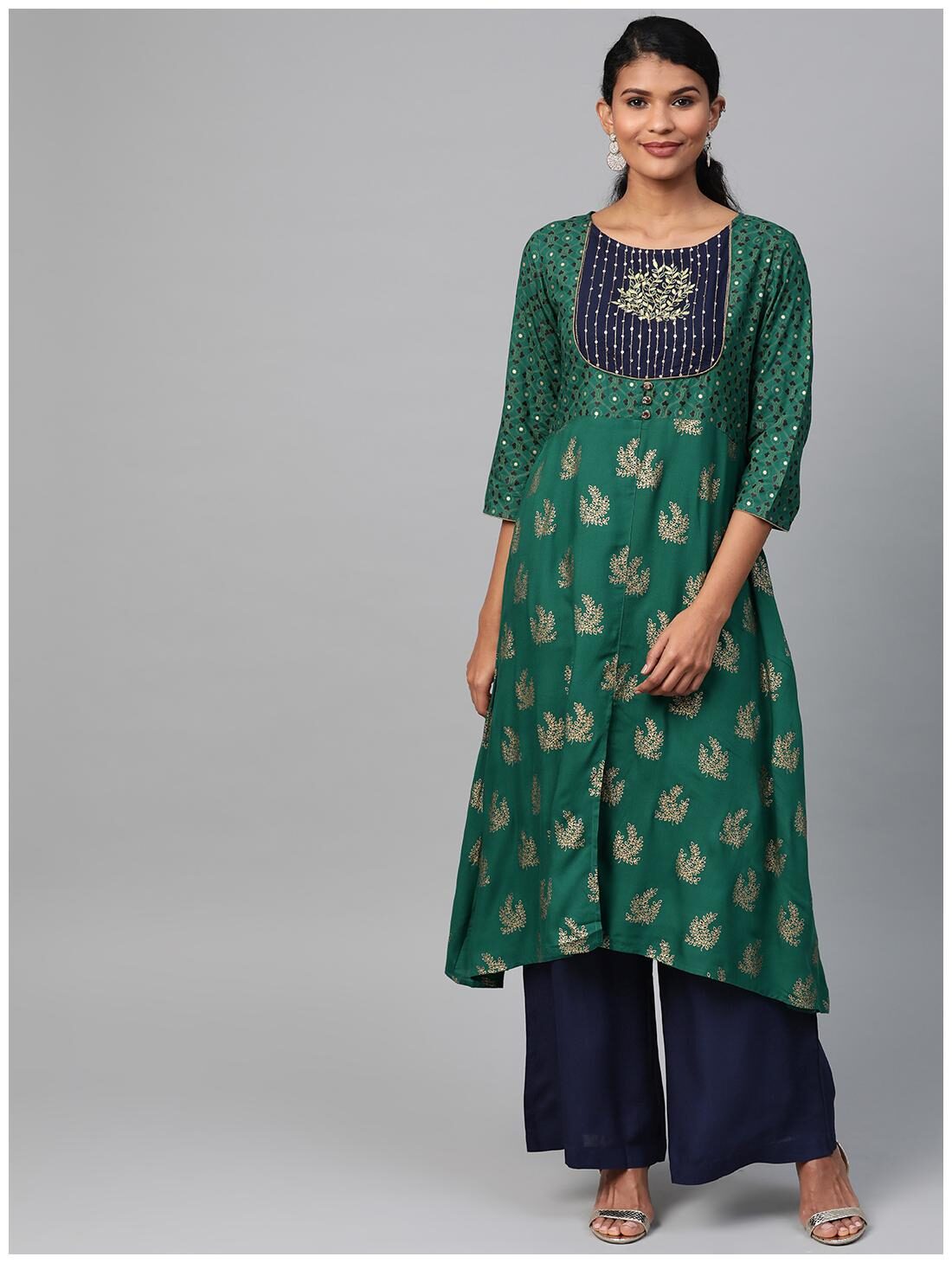 

Shree Women Rayon Printed Green Navy Blue Kurta With Palazzos