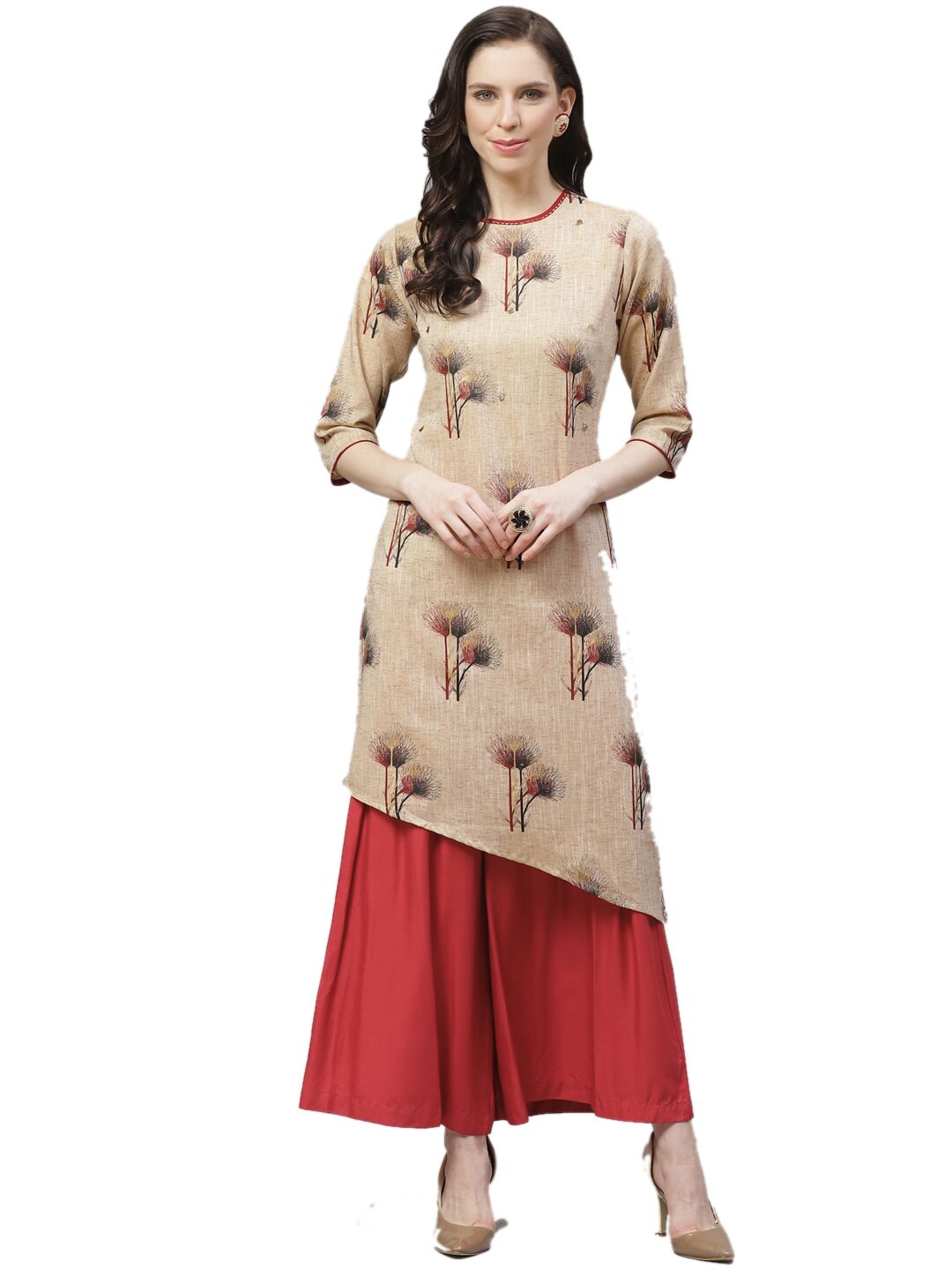 

Shree Women Beige Red Floral Asymmetric Kurta With Palazzo
