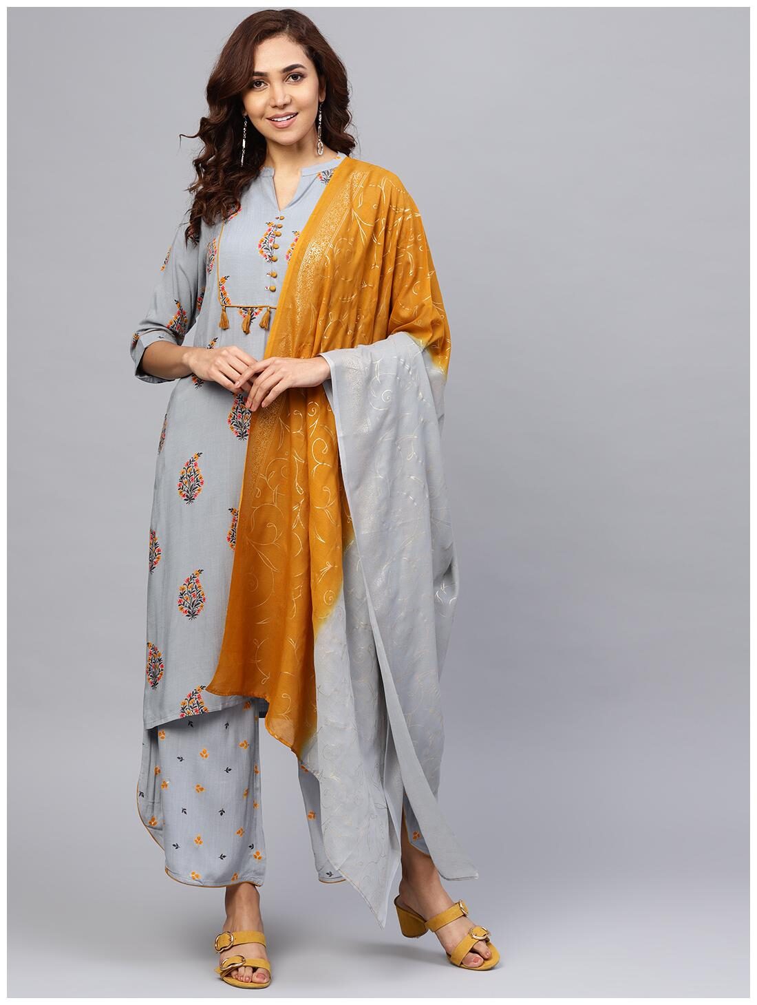 

Shree Women Grey Printed Straight Kurta With Palazzo And Dupatta