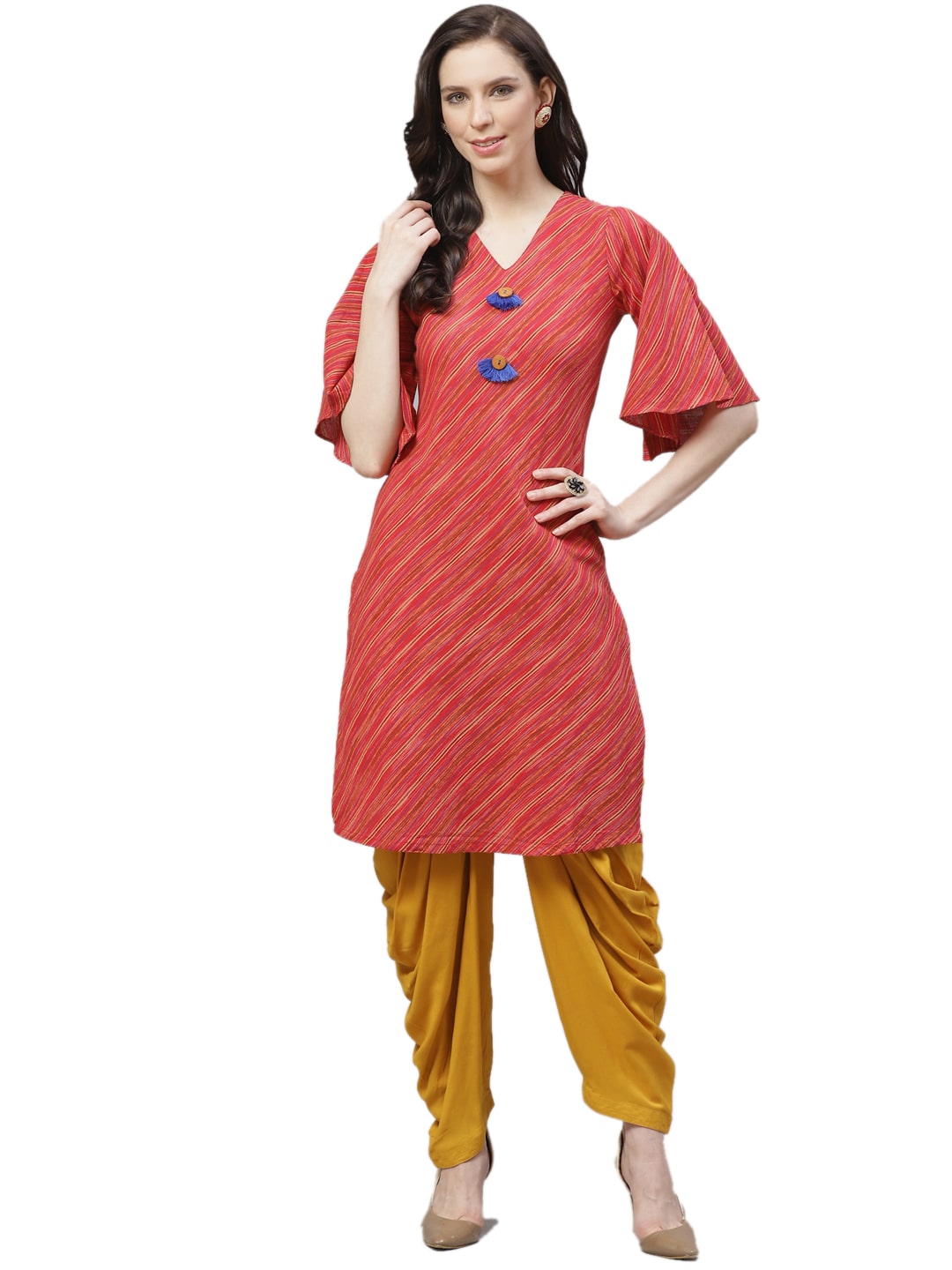 

Shree Women Red Mustard Striped Straight Kurta With Dhoti Pants