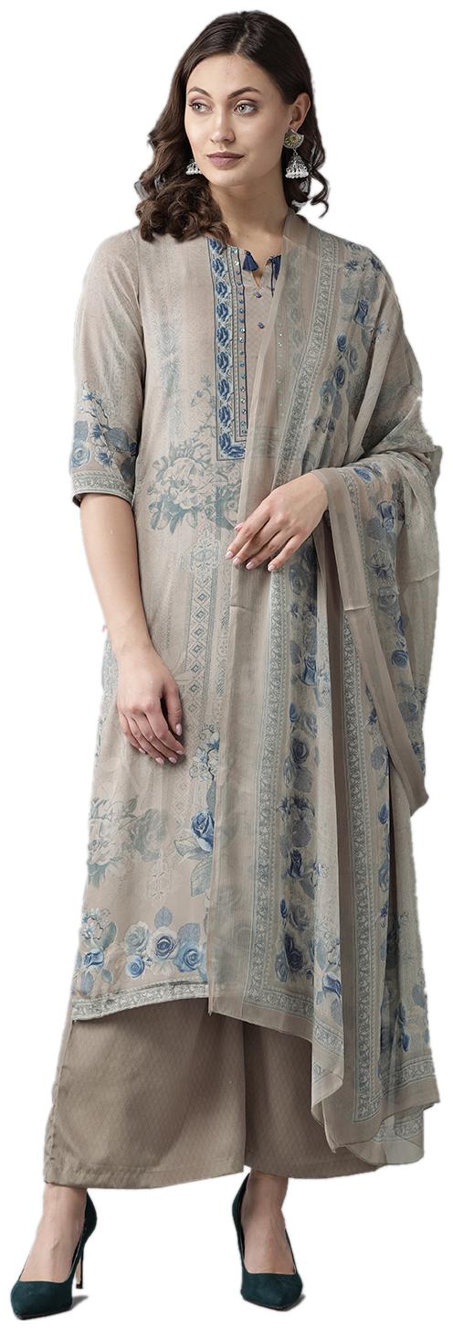 

Shree Women Grey Floral Straight Kurta With Palazzo And Dupatta
