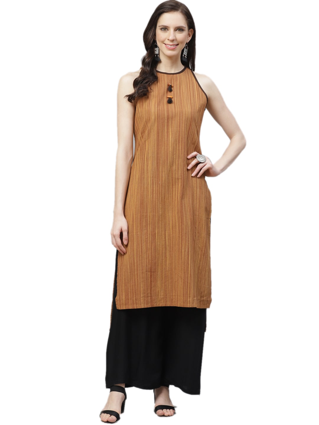 

Shree Women Cotton Regular Fit Kurta With Palazzo (Brown Black)