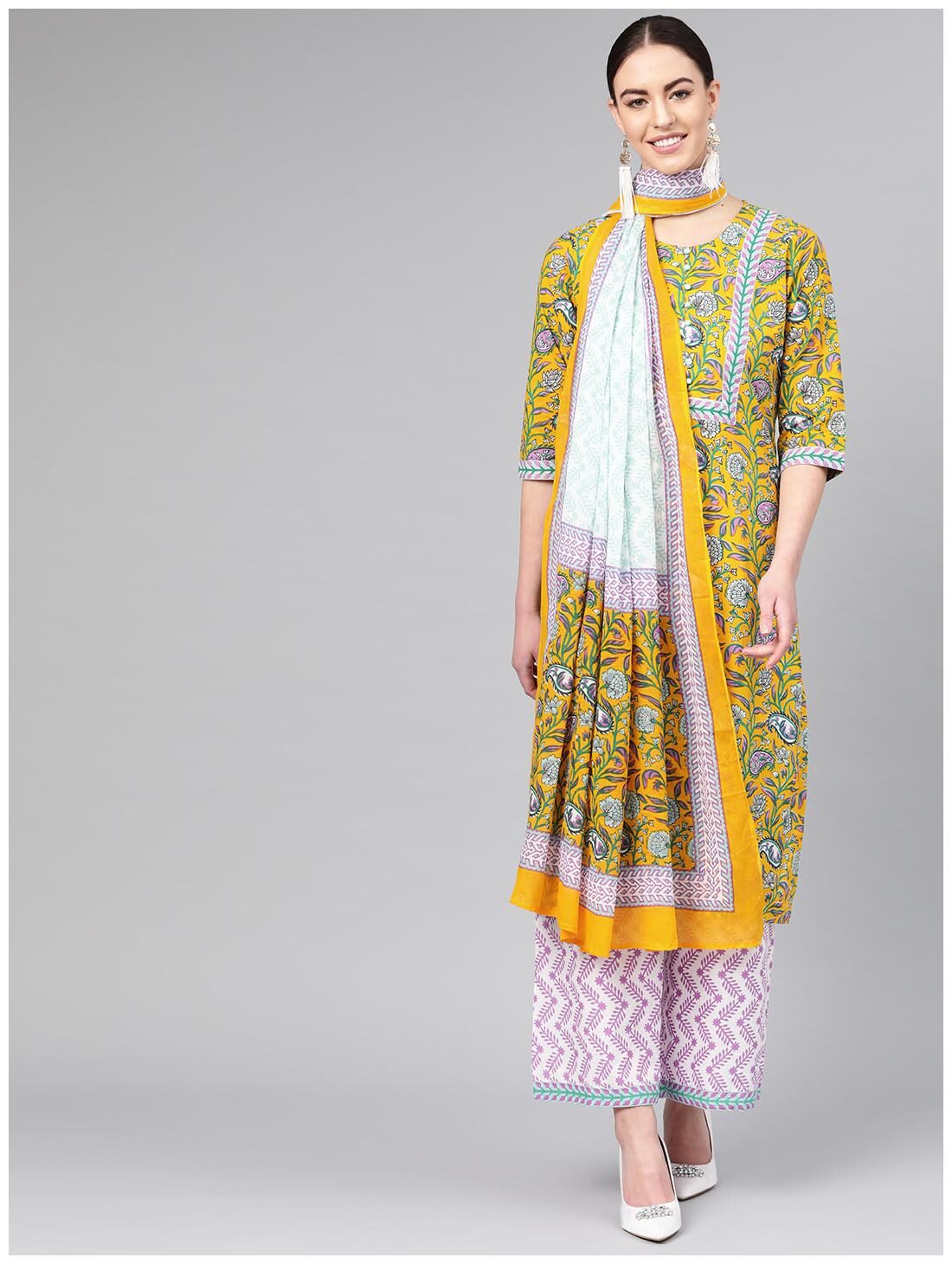 

Shree Women Yellow Floral Straight Kurti With Palazzo And Dupatta
