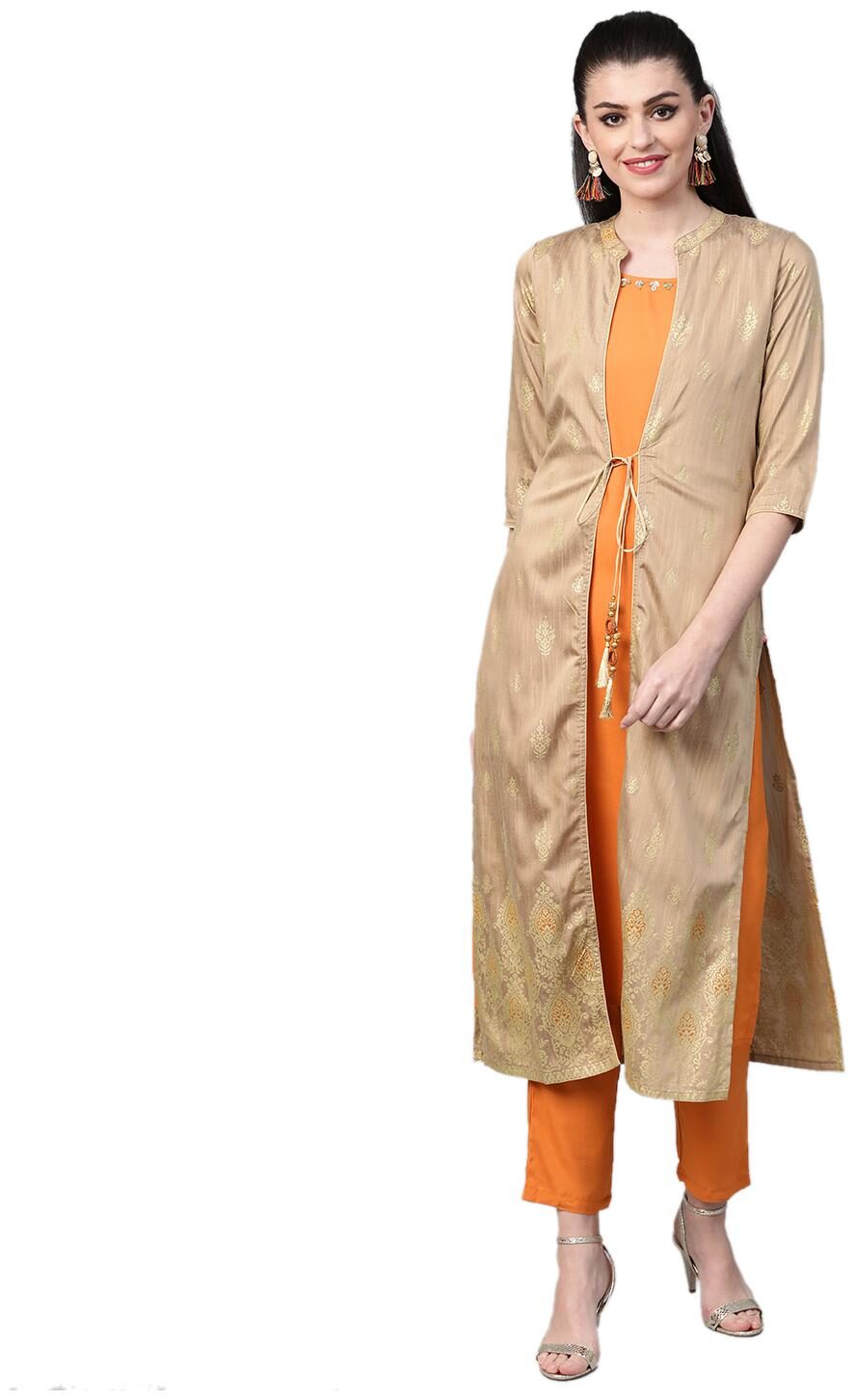 

Shree Women Rayon Solid Orange Beige Kurta With Trousers
