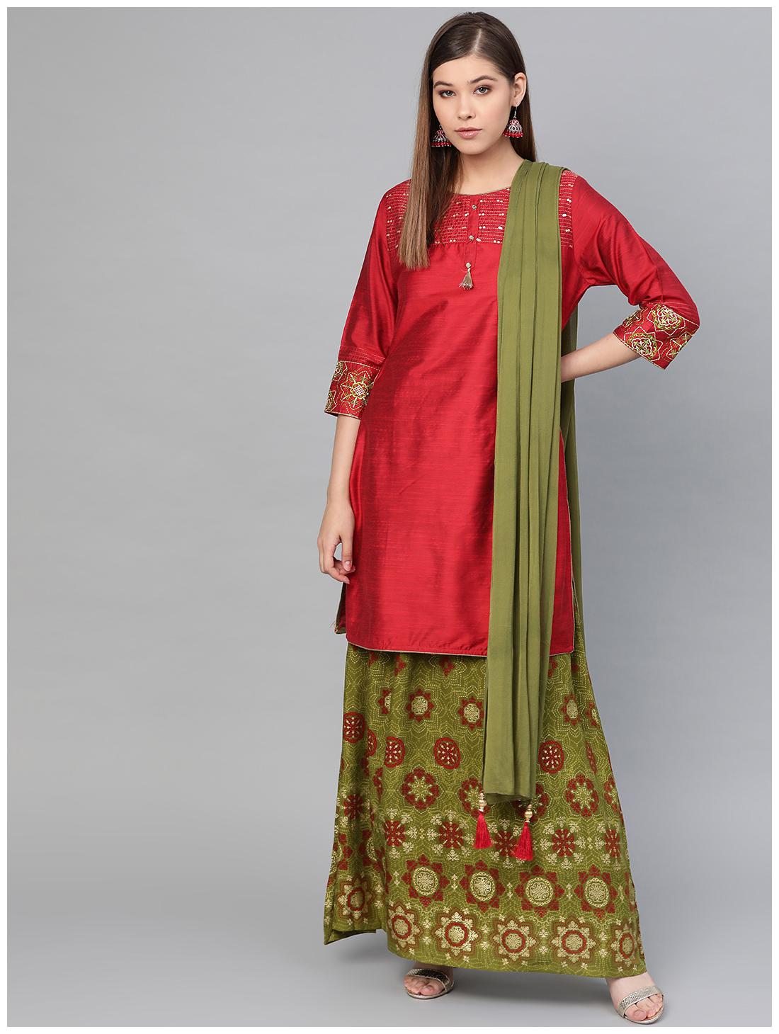 

Shree Women Maroon Solid Straight Kurta With Skirt And Dupatta