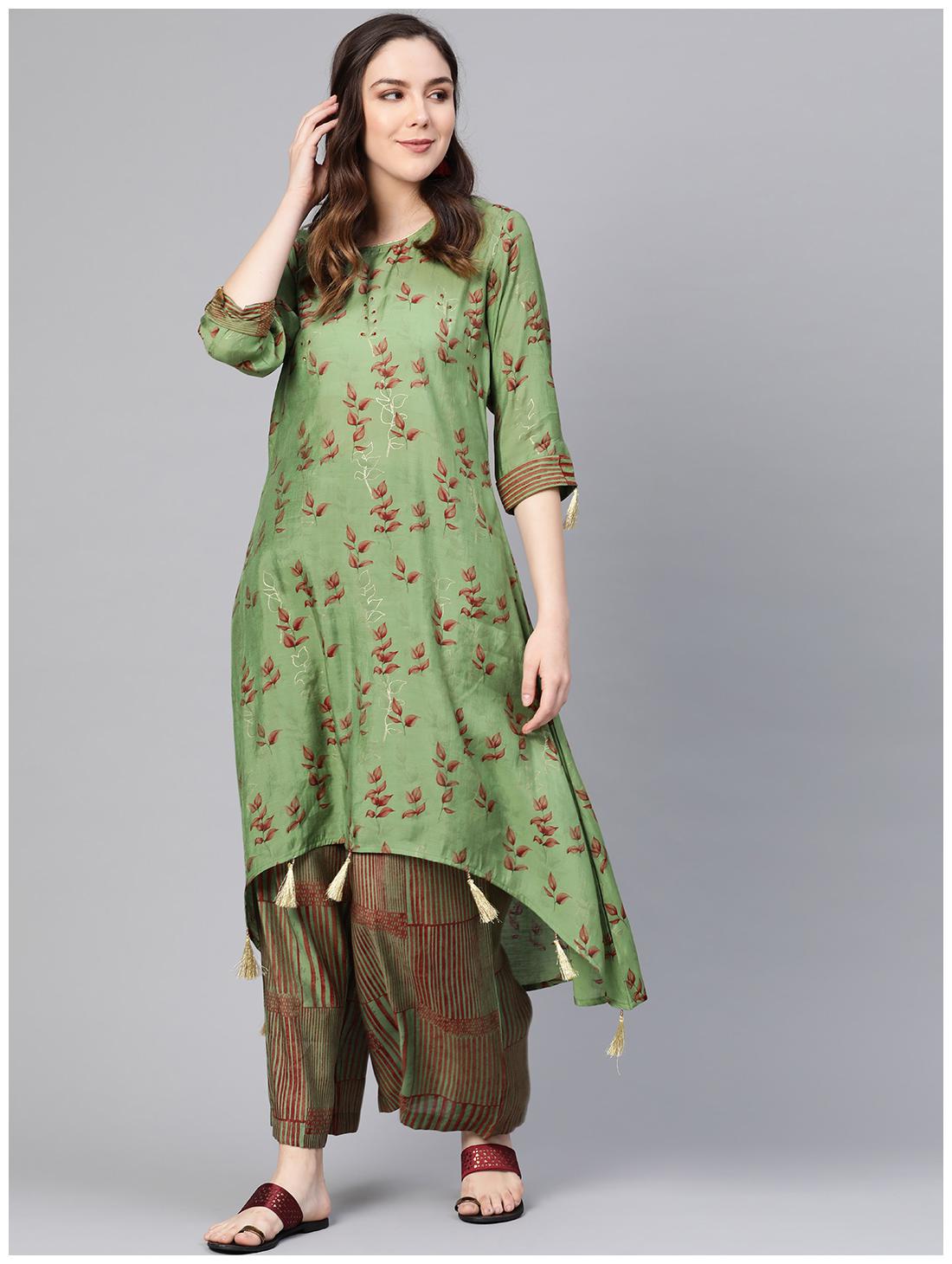 

Shree Women Green Striped Asymmetric Kurta With Palazzo